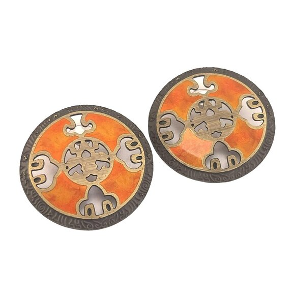 Brass and Enamel Round Pierce Cutout Earrings Round Post Back 2 Inch - Picture 4 of 5